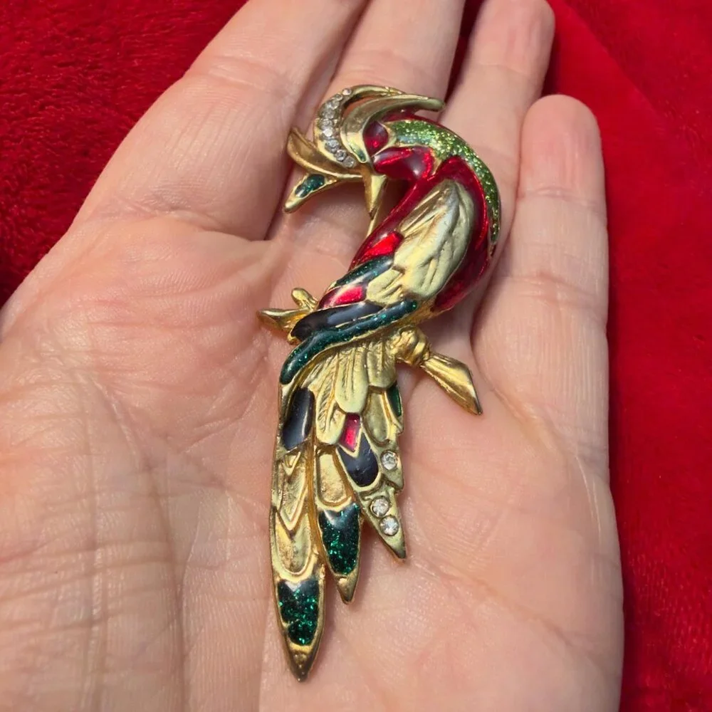 Phoenix Bird Brooch Gold Tone Red Green Enamel Rhinestone Pin – 3” Tall